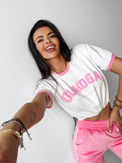 T-shirt damski, koszulka LEMON O LA VOGA ecru, biała z różowymi wykończeniami